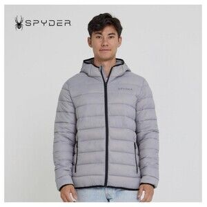 Spyder Packable Puffer Jacket Mens Medium Gray Hooded Coat HydroWEB ProWEB NWT